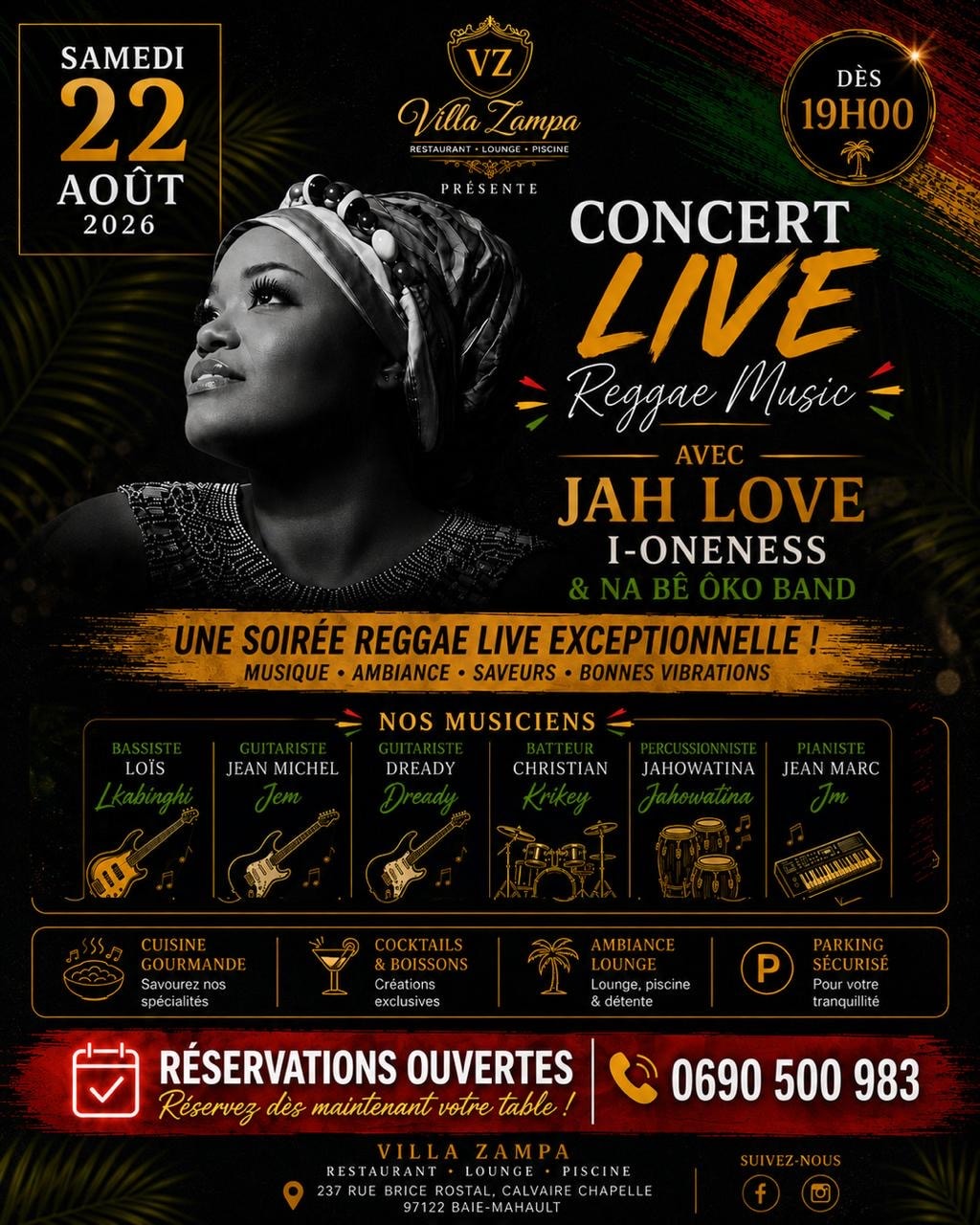 Affiche Concert Live Reggae Music — Jah Love, I-Oneness & Na Bê Ôko Band — Villa Zampa 22 août 2026